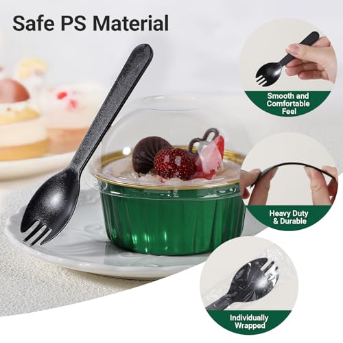 EUSOAR Cupcake Liners and Sporks Individually Wrapped, 120pcs 5oz Disposable Ramekins Aluminum Mini Muffin Pans with Lids, Foil Baking Cups Creme Brulee Holders for Picnic Wedding Birthday Gathering - color: Emerald/Gold