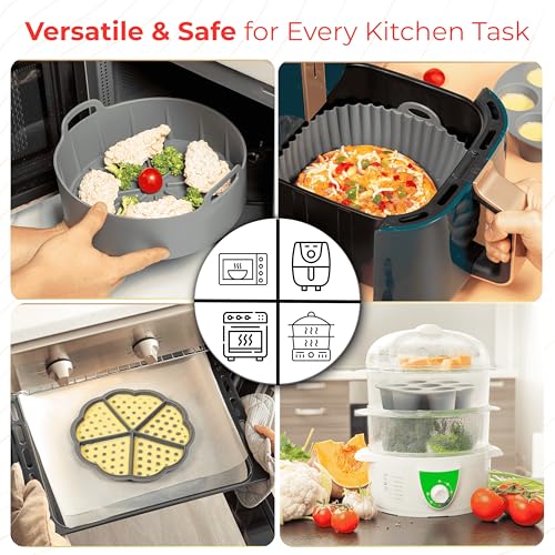 EM Set of 5 Silicone Air Fryer Liners with Egg Bite Mold, Waffle Mold & Mitts - 7.5” Round Reusable Silicone Inserts for 3-5 Qt Airfryers - Easy to Clean & Heat-Resistant Air Fryer Accessories Set - size: 5-Pack 7.5 in Liners for 3-5 Qt