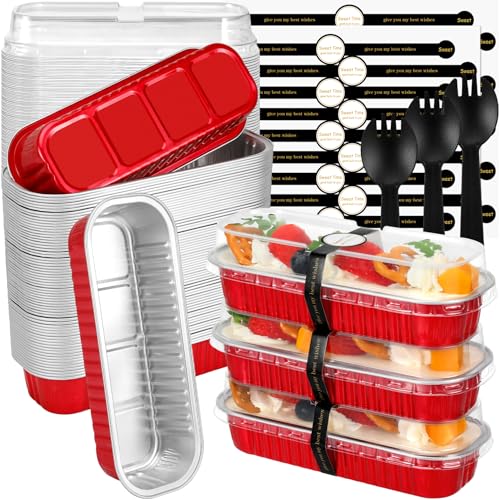 Mini Loaf Pans with Lids and Spoons (100 Pack, Red, 6.8oz) Rectangular Aluminum Foil Baking Pans - color: Red