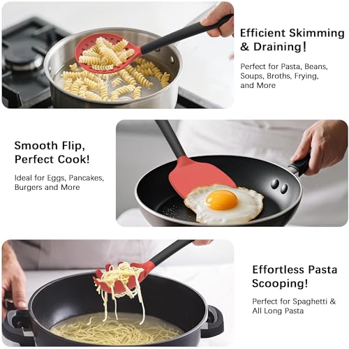 Coukre Silicone Kitchen Cooking Utensils Set, Heat Resistant, 14-Piece - color: Red