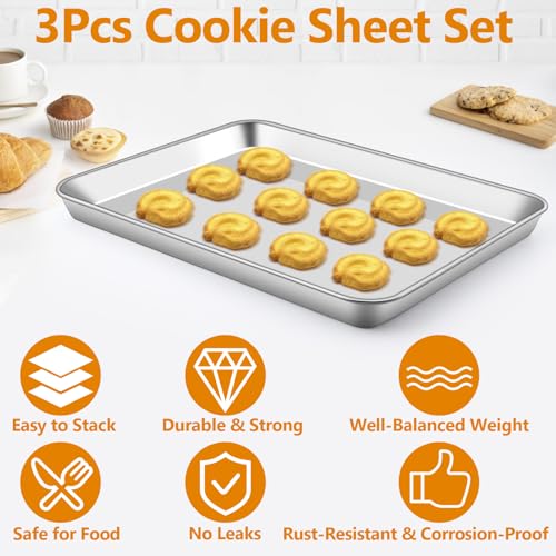 3 Pack Baking Sheet, Stainless Steel Baking Sheet Pan, 9/12/16 In