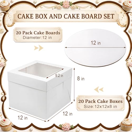 Arttown 20 Pack Cake Boxes and Cake Boards 12 Inch Tall Multi-Layer White - color: 20 pcs boxes +20 pcs cakes boards,12 inch