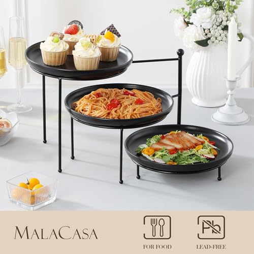 MALACASA Round 3 Tier Serving Tray,10.25 Inch Black Porcelain Dessert Stand - color: Black
