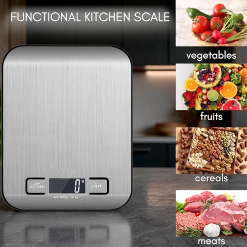 Digital Kitchen Scale, 11lb Stainless Steel Food Scale with LCD Display, 6 Units Tare Function, 0.05oz/1g Precision for Baking (Black) - color: Black
