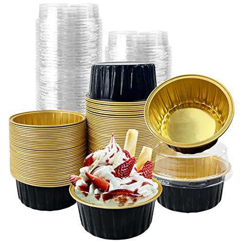 100Pcs Aluminum Cups with Lids,5oz Disposable Ramekin Baking Cups Muffin Liners Mini Pie Pans Foil Cupcake Containers for Christmas Party Wedding,Black Gold - color: Black/Gold