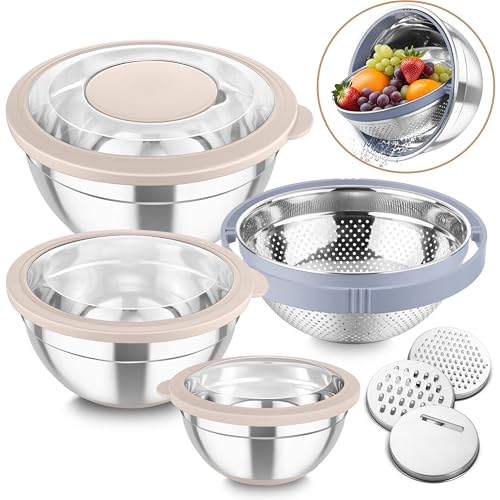TeamFar Mixing Bowls with Colander, Stainless Steel Salad Bowls, Khaki - color: Khaki