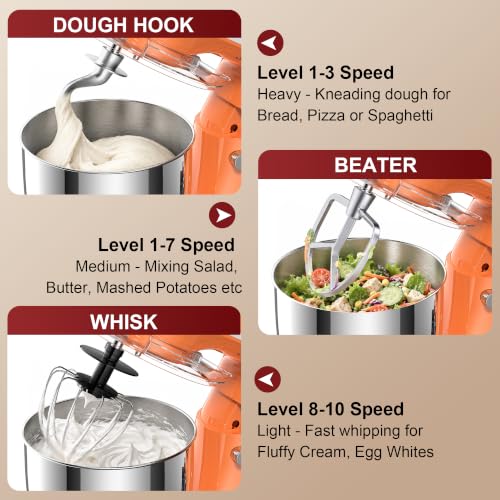 Honinst 4QT Electric Stand Mixer, 10-Speed Tilt-Head Compact Kitchen Mixer - color: Orange