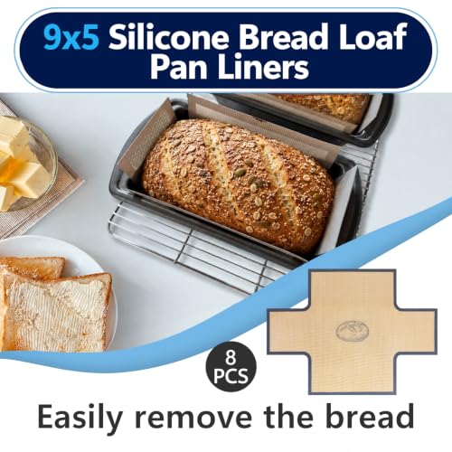 8Pcs 9x5 Inch Silicone Bread Loaf pan Liners, Anti-adhesive and Heat-resistant Silicone Loaf Pan Liner for Baking Sourdough, Cookies and Meats, Easy to Clean
