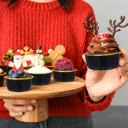 100 Pcs 8 oz Disposable Ramekins with Lids Creme Brulee Ramekins Aluminum Foil Baking Cups for Cupcakes, Cheesecake, Catering, Wedding, Party (Black, Gold)