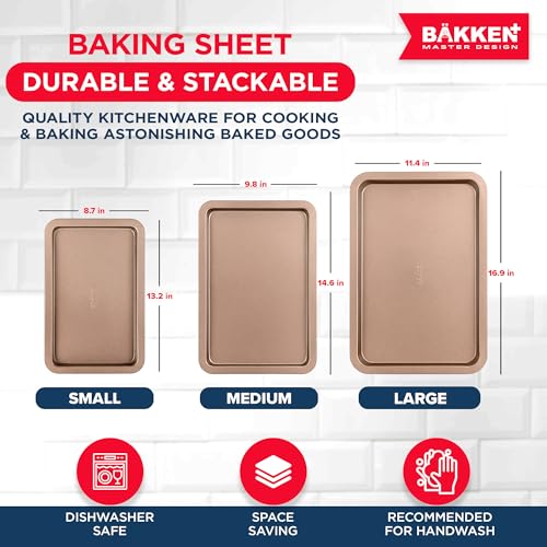 BAKKEN 3-Piece Kitchen Baking Pans - Small, Medium, and Large Cookie Pan, With Nonstick Coating, Stackable and Space-saving Design, PFOA, PFOS, PTFE Free, Oven Safe Tray (Up To 450°F), Brown - color: Brown, size: 3 Piece Set