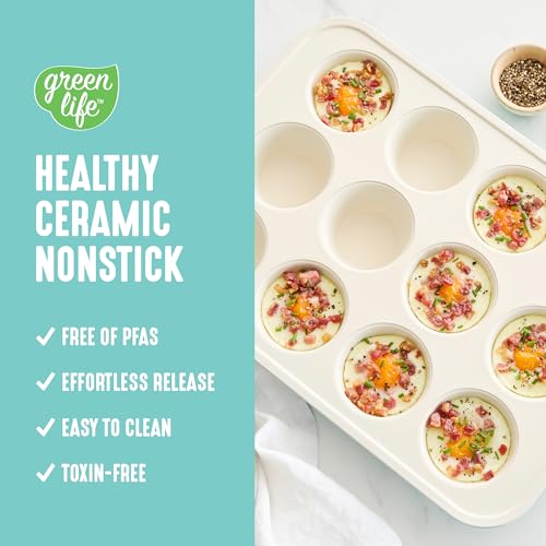 GreenLife 12-Cup Muffin Pan,PFAS-Free Healthy Nonstick Baking Tray,11.4" x 1.9" x 15.9",Durable Ceramic Bakeware,Cupcakes,Egg Bites,Tarts,Brownies,Turquoise,(Pack of 6) - color: Turquoise, size: 12 Cup Muffin Pan (Pack of 6)