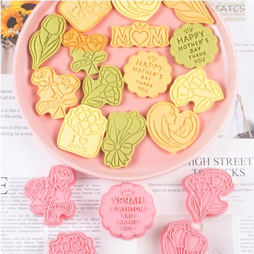 Mother‘s Day Cookie Cutters, 8Pcs 3D Plastic Cookie Molds Thank You Rose Tulip Shape Biscuit Cutters for Mother's Day or Birthday Party Baking Cutting Tool(E8) - color: E8
