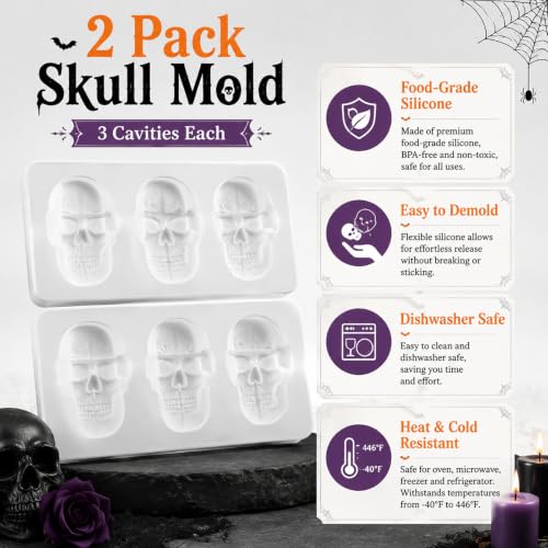 2 Pack 3D Skull Silicone Molds for Resin Candle Soap Clay&Wax DIY Crafts - color: skull mold-2PCS