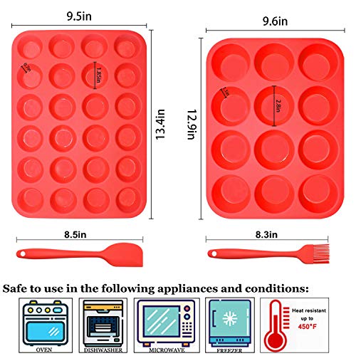 Silicone Muffin Pan Cupcake Set, Non-Stick Regular 12 Cups and Mini 24 Cups,Silicone Baking Molds,BPA Free Muffin Tin with 1 Silicone Spatula & 1 Oil Brush (Red) - color: Red
