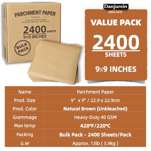 2400 Sheets 9x9" Unbleached Bulk Value Pack Square Parchment Paper - color: Brown, size: 9×9 - 2400 Sheets