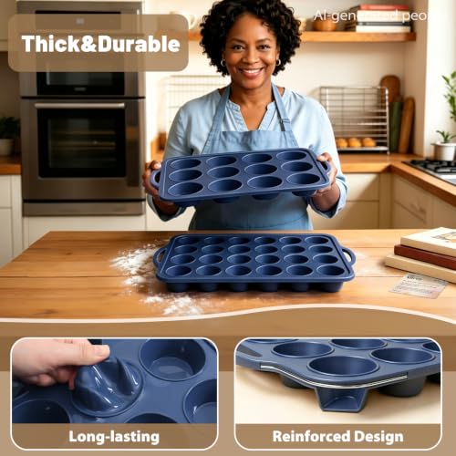 2 Pack Silicone Muffin Pan 12 & 24 with Frame Non Stick Cupcake Baking Tin - color: Gray, size: Regular & Mini: 12 Cup & 24 Cup