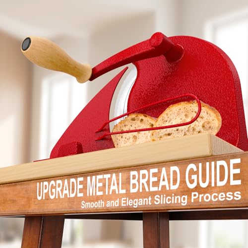 (Upgrade) Manual Bread Slicer for Homemade Bread, Sourdough Bread Slicer With Hand Crank, Scale Line and Suction Cup, Serrated Blade, Adjustable Thickness, Evenly Slicing - color: Bright Red