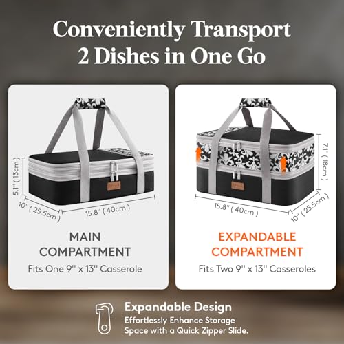 Lifewit Expandable Insulated Double Decker Casserole Carrier - color: Black-flowers