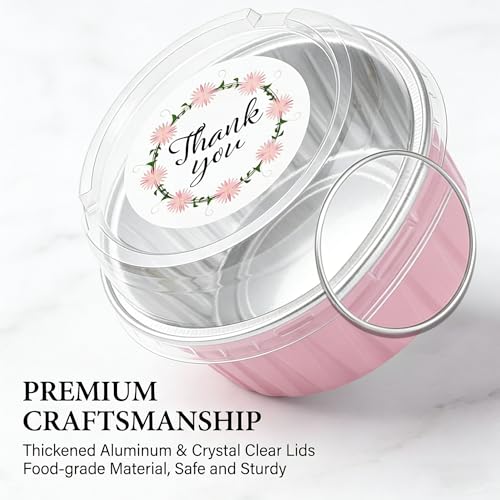 100Pcs Mini Aluminium Foil Baking Cups with Lid and Spoon Disposable(Pink) - color: Pink