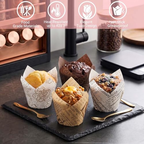 200 Pcs Newspaper Tulip Cupcake Liners for Baking, Newspaper and Stripe - color: Mix Color 2