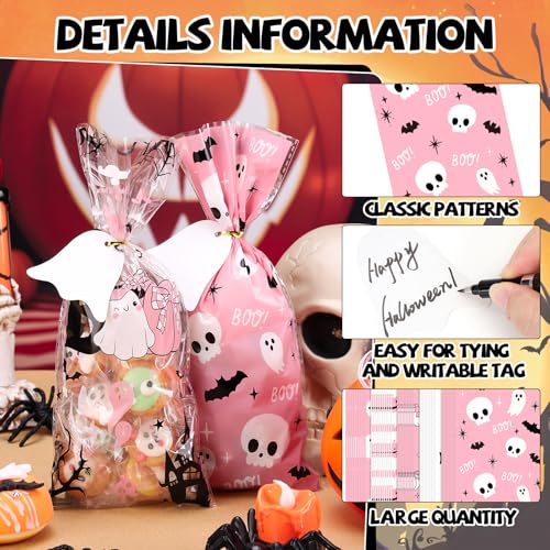 woric 100 Set Pink Ghost Halloween Treat Bags Cellophane Candy Bags - color: Pink Ghost