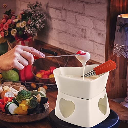 BSTKEY White Ceramic Butter Warmer Set, Heart Shaped Fondue Pot Melting Pot Set, Melt Hot Pot Bowl Set for Cheese Chocolate Butter Caramel, with 4 Forks - color: White