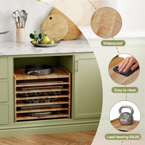 7 Tiers Cookie Sheet Organizer for Cabinet, Wooden Tray Dividers for Kitchen Cabinets Baking Sheet Pan Organizer, for Heavy Pans, Cutting Board, Bakeware, Kitchen Cupboard Storage, Solid Wood - size: Large(20''W)