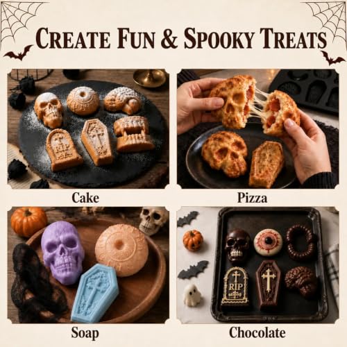 HKNMTT Skull Cake Pizza Pan 6 Spooky Shapes Halloween Silicone Baking Mold - style: 6 Spooky Shapes 1PC