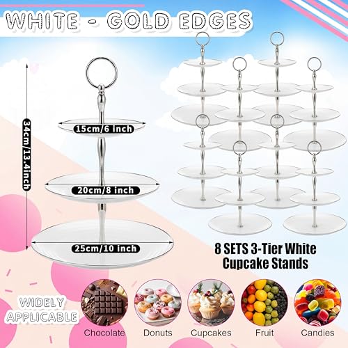Teenyyou 8 Pack 3 Tier Plastic Cupcake Stand Bulk, Silver White, Round - color: Silver White, style: Round