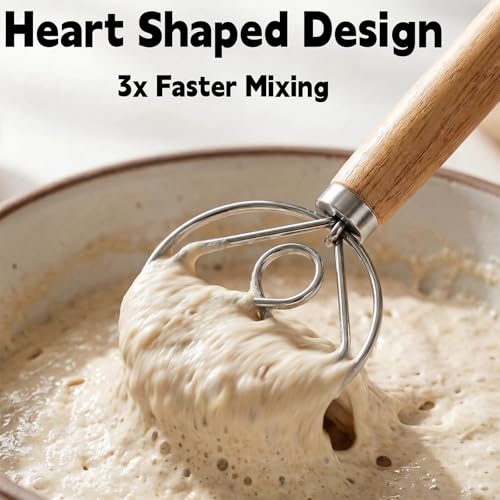 TEEVEA Danish Dough Whisk Wooden Handle Stainless Steel for Sourdough Bread - color: Rubber Wood Heart-Shaped