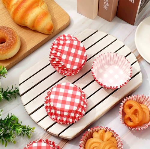 Whaline 300Pcs Red Plaids Cupcake Liners Red White Checkered Paper Baking Cups Small Muffin Cupcake Wrappers for Holiday Party Home Kitchen Supplies, 2 x 1.2 Inch - color: Red