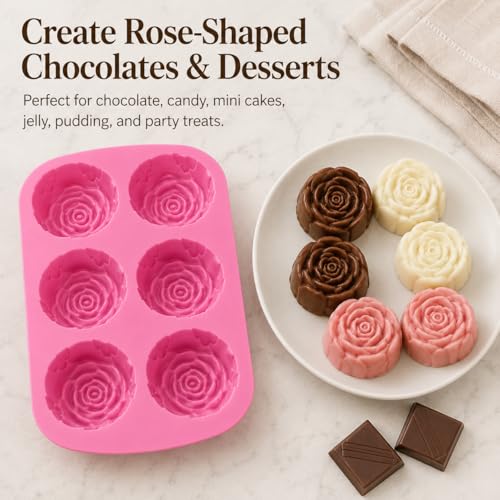 2 Pack Rose Silicone Molds, 6-Cavity Flower Soap Molds for Chocolate, Candy, Cake, Jelly, Pudding, Ice Cubes, Lotion Bars, Candles & Bath Bombs, Pink
