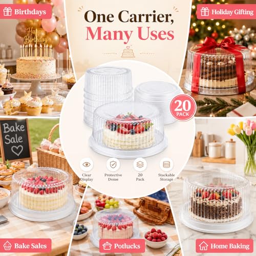 20 Pack 7 Inch Disposable Cake Containers with Lids, Clear Plastic Cake Carrier with White Base, PET Cake Boxes for Transport, Storing, Displaying Cakes, Bakery, Party, Dessert Gifts