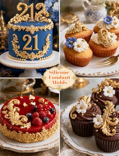 4 Pcs Baroque Style Silicone Molds, 3D Curlicues Scroll Lace Fondant Molds