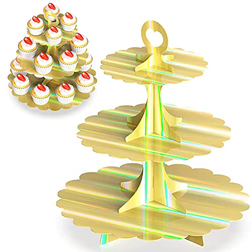 3-Tier Laser Gold Cupcake Stand, 2-Pack Heart Handle Dessert Display Tower, Quick Easy Assembly, Easy Clean for Wedding Birthday Graduation Baby Shower Party Supplies - color: Rainbow Gold 2 Pack