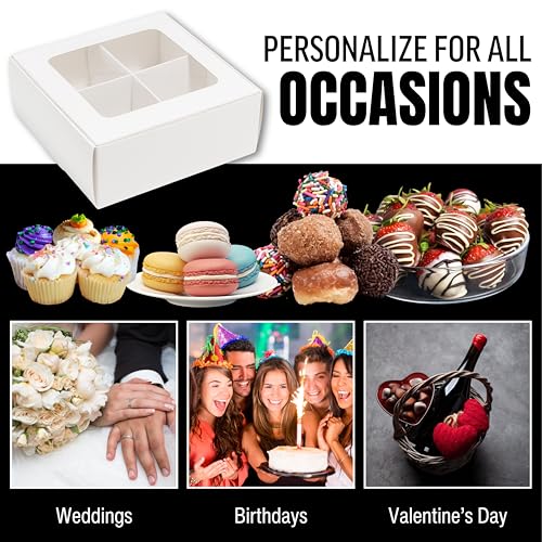 25 pcs White Mini Cookie Boxes with 4 treats Windows and Dividers, Bakery Boxes, 6 x 6 x 2.4 Inches SMALL Baking Boxes, Square Cookies Box Decorating Supplies for Gift Giving - color: White