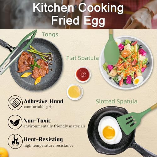 MYKUJA Silicone Cooking Utensils Set, Heat Resistant Kitchen Utensils Set, Spatula,Turner Tongs,Spoon,Brush,Whisk, Cooking Kitchen Utensils Spatula Set, Nonstick Cookware（sage green）