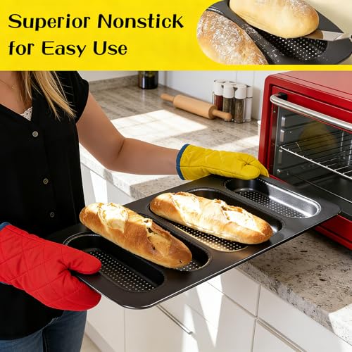 2-Pack Hot Dog Bun Pan Baguette Bread Pan, Carbon Steel Non-Stick Perforated Tray for Making Baguettes Hot Dog Buns