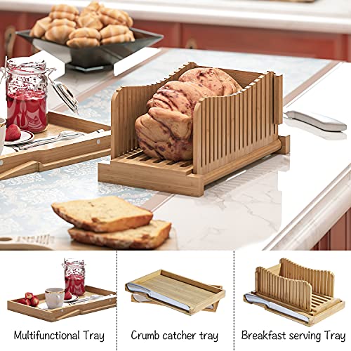 Bamboo Bread Slicer with Serrated Knife, Adjustable Guide for 3 Thickness Sizes, Foldable Chopping Board with Crumb Tray, Great for Homemade Bread, Cakes, Bagels - style: A - with Knife