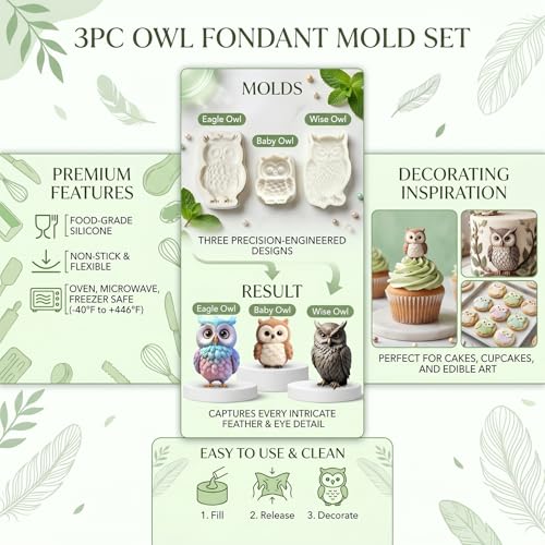 3Pcs 3D Owl Silicone Mold Set, Woodland Bird Fondant Baking Molds - color: Owl silicone mold