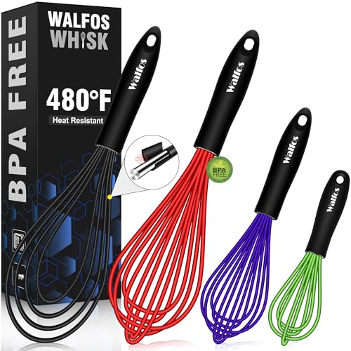 Walfos Whisk,Whisks for Cooking Non Scratch.Silicone Whisk Set of 4 Kitchen Whisks-11in Flat and 7+9+11in Balloon .Nice for Mixing,Whisking and Stirring.Dishwasher Safe.(4pcs-Colorful) - color: 4pcs Green + Purple + Red + Black; 7+9+11in & 11in（flat）
