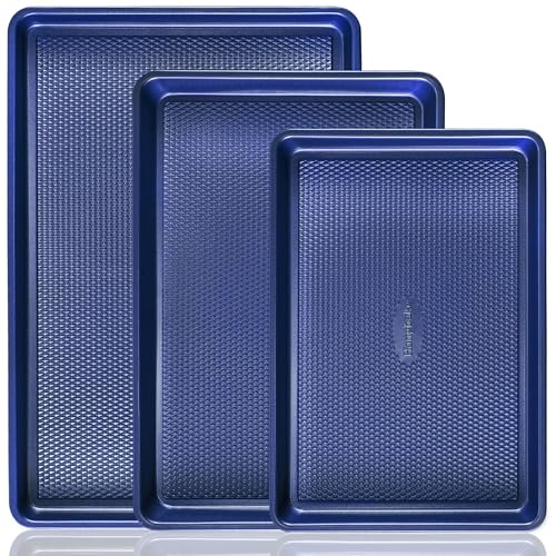 HONGBAKE Baking Sheet Pan Set, Cookie Sheets for Oven, Nonstick Half/Quarter/Jelly Roll Pans with Diamond Texture Pattern, Heavy Duty Cookie Tray, Dark Blue - color: Sapphire Blue (Carbon Steel)