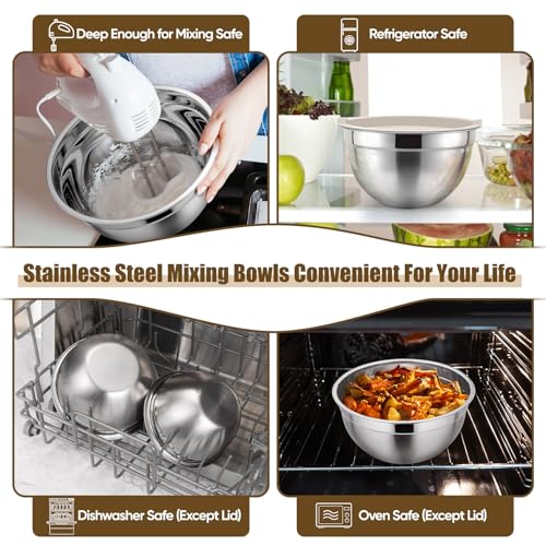 P&P CHEF Metal Mixing Bowls with Lids Set, Airtight Lids & Khaki - color: Khaki, style: Airtight Lids