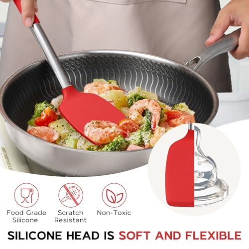 Onader 10 Pieces Silicone Kitchen Utensils Set, Cooking Utensils with Holder and Heat Resistant Stainless Steel Handle for Nonstick Cookware -Red - color: Red