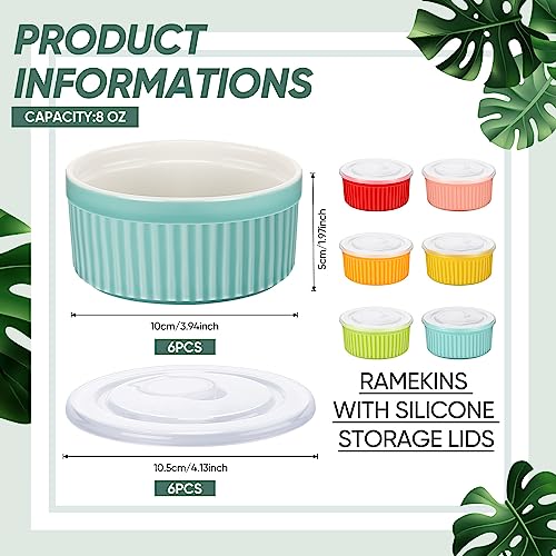 6 Sets Porcelain Ramekins with Lids 8 oz Oven Safe, Multi Colors - color: Multi Colors