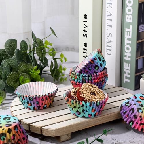 Whaline 300Pcs Leopard Print Cupcake Liner Neon Animal Spot Paper Baking Cups Rainbow Muffin Wrappers Cake Storage Container for Party DIY Crafts, 2 x 1.2 Inch - style: Neon Leopard