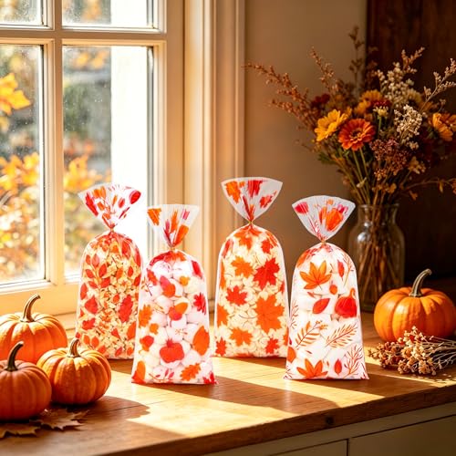 Fall Thanksgiving Cellophane Treat Bags - 50Pcs 5 x 11 Inch Autumn Pumpkin & Maple Leaf Candy Bags with 60 Gold Twist Ties, Plastic Goodie Bag for Cookies, Snacks, Gift Wrapping & Harvest Party Favors - color: Fall 50pcs