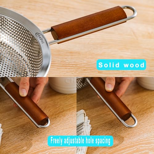 Stainless Steel 304 Strainer Scoop with Wooden Handle, Self-Draining Solid Base - Ideal for Kitchen, Pasta, Fruit, and Vegetables - 7.1in - color: Caliber-7.1in