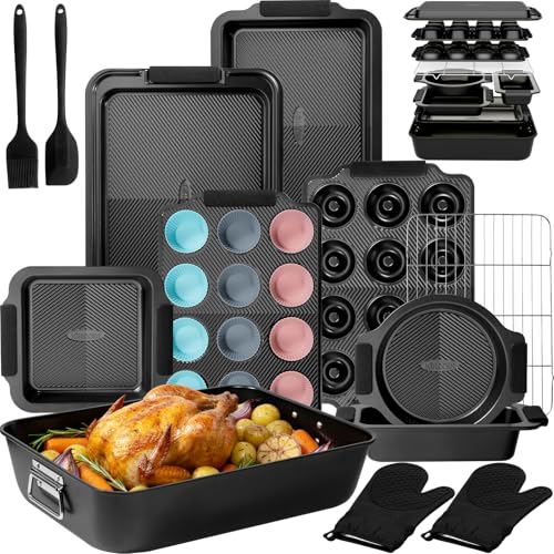 Kikcoin 25-Piece Nonstick Baking Pans Set with Large Turkey Roasting Pan, Stackable Ceramic Bakeware Set, 450°F Oven Safe Baking Sheet Set with Silicone Handles, Cookie Sheets for Baking, Black - color: Black