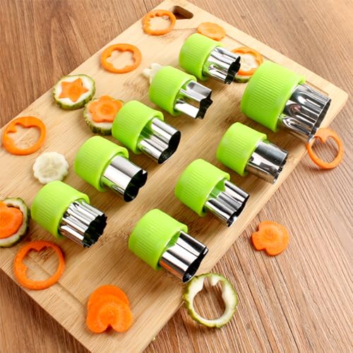 Fruit and Vegetable Cutter Stamp Set 9 Pieces - Love Heart, Star, Flower, Rabbit, Bear, Strawberry, Lace, Mushroom Shapes - Green Mini Pie Cookie Biscuit Mold for Baking